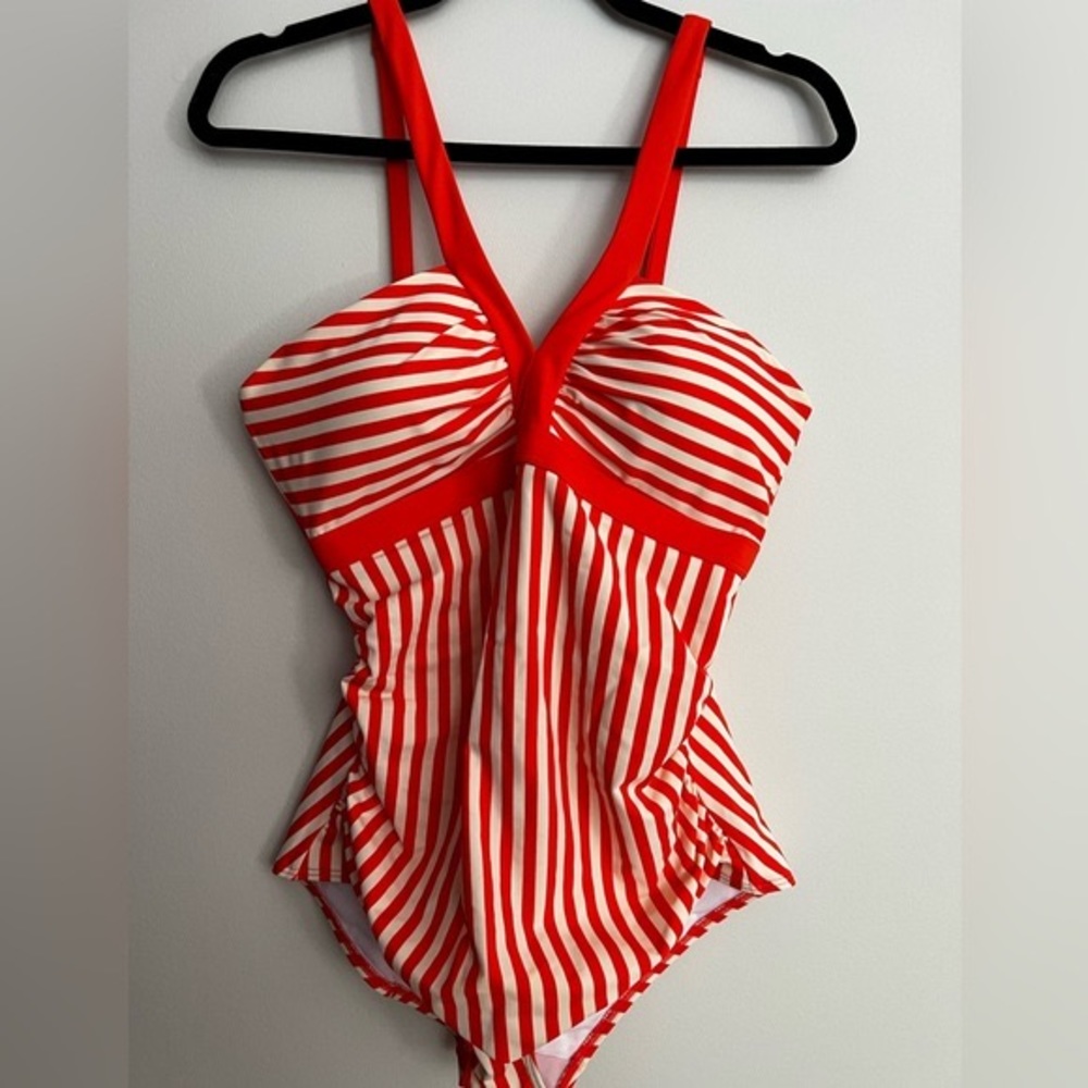 Boden Red and White Striped One Piece Swimsuit